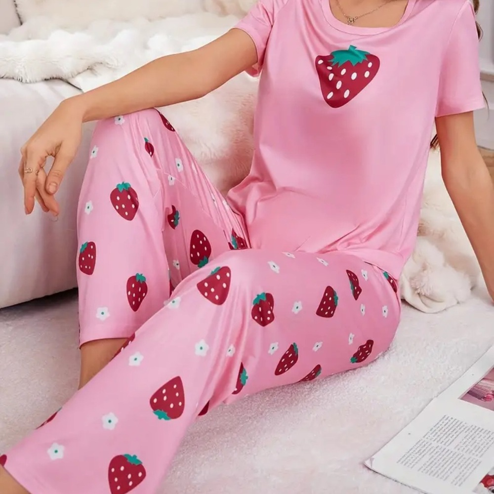 Strawberry Pajama Set Pink Red  Size XL Long Pants Short Sleeves